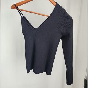Twine & String One Shoulder Ribbed Long Sleeve Black Top Size L